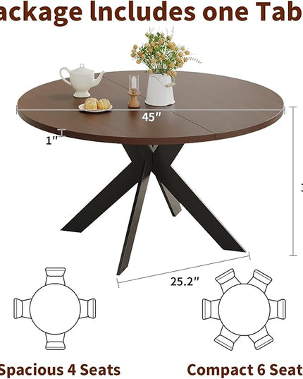 Walnut Round Dining Table Set for 4, Mid-Century Modern Kitchen Table and Chairs, Small Space Dining Room Furniture for Apartment, Breakfast Nook or Studio (Walnut wood-1 Table + 4 Brown Chairs)