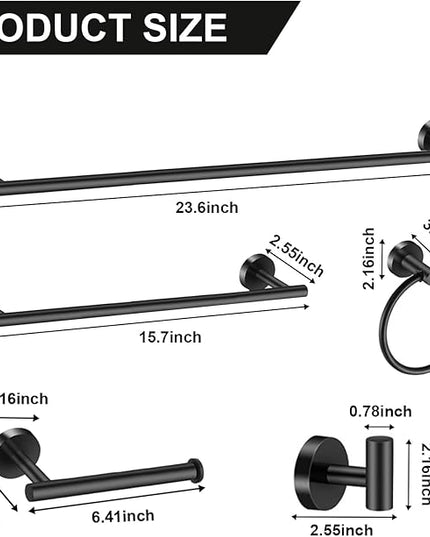 12 PCS Matte Black Round Towel Bar Set, Bathroom Towel Bar Set Include 24 inch,16 inch Towel Bar, Toilet Paper Holder, Towel Ring, Towel Hooks, Stainless Steel Bathroom Accessories Set