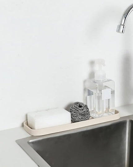 Silicone Kitchen Sink Organizer Tray for Multiple Usage,Eco-Friendly Sponges Holder for Kitchen Bathroom Counter or Sink,Dish Soap Dispenser,Scrubber,Bottle,Cup (Tapioca, 12"×4")