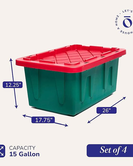 HOMZ 4-Pack Durabilt Tote, Heavy Duty Plastic Storage Bins with Lids, 15 Gallon, Green/Red - Stackable Organizing Containers for Home, Garage, and Office