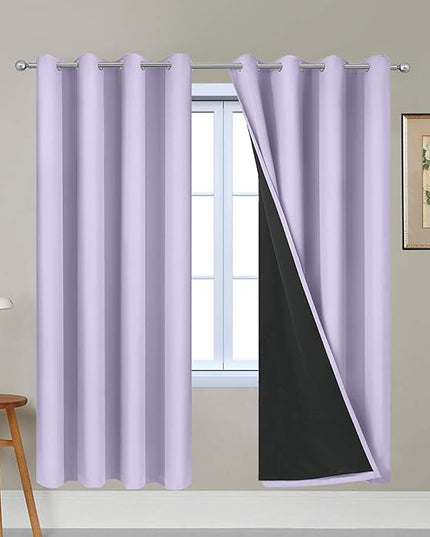 Yakamok Lilac 100% Blackout Lined Curtains, 2 Thick Layers Completely Blackout Window Treatment Thermal Insulated Drapes for Kitchen/Bedroom (1 Pair, 52W x 72L)
