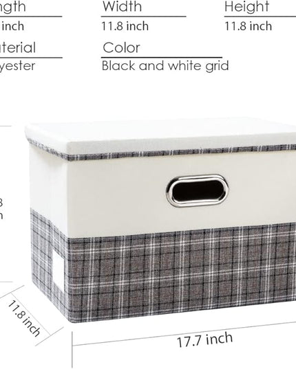 PRANDOM Large Collapsible Storage Bins with Lids [3-Pack] Fabric Foldable Storage Boxes Organizer Containers Baskets Cube with Cover for Home Bedroom Closet Office Gray plaid & Cream(17.7x11.8x11.8)