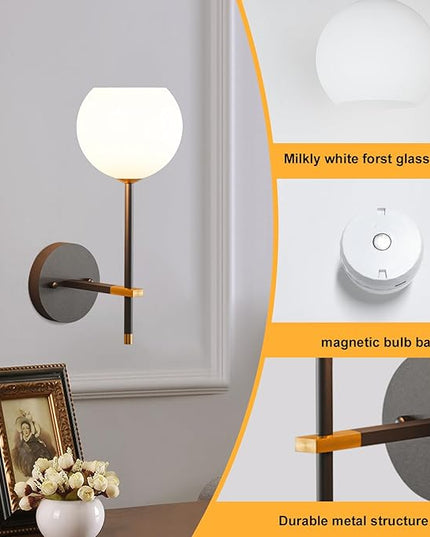 Black Gold Battery Operated Wall Sconces Set of 2, Rechargeable Wireless Wall Lights with Milky White Frosted Glass, 12 RGB and 3CCT Dimmable, Wall Lamps with Remote for Bedroom Living Room Hallway