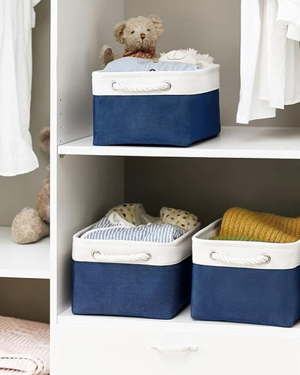 TheWarmHome Storage Basket for Organizing - Medium 3 Pack 14x10x7 inch Fabric Storage Cubes for Shelves with Rope, Collapsible Storage Bin for Organizer Closet Cloth Gift Toy (White & Jean Blue)