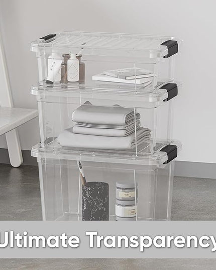Superio Clear Storage Boxes with Lids, 26 Quart Plastic Container Bins for Organizing, Stackable Crates, BPA Free, Non Toxic, Odor Free, Organizers for Home, Office and Dorm, 6 Pack