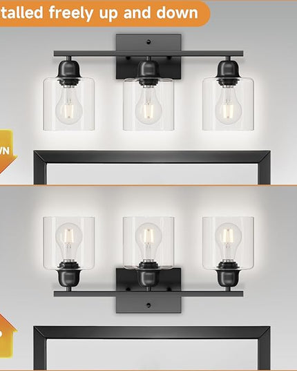 Modern 3 Light Bathroom Light Fixtures, 19 inch Black Vanity Lights For Bathroom With Clear Glass, Bathroom Lighting Fixtures Over Mirror For Mirror Kitchen Living Room Hallway Cabinet Porch