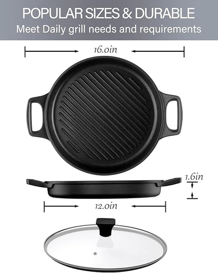 S·KITCHN Cast Aluminum Griddle Pan for Stovetop with Lid - Lighter than Cast Iron Skillet,Round Frying Pans Nonstick Grill Pan Dishwasher & Oven Safe,12IN