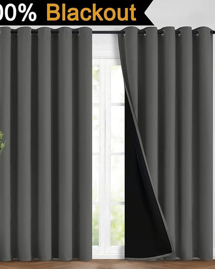 Dark Grey Full Shade Curtain Panels, Heavy Duty Lined Curtains 96 Inches Long, Thermal Insulated Room Darkening Curtains with Black Liner for Bedroom(62" Width Each Panel, Dark Gray, 2 Panels)