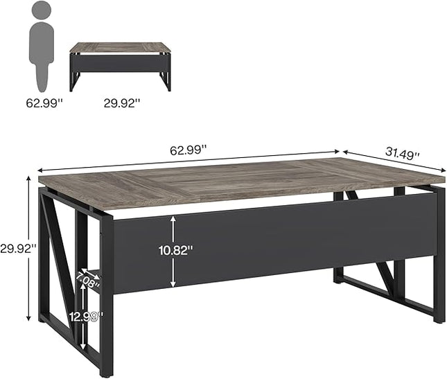 Tribesigns 63 inches Computer Desk with Bottom Storage Shelf Home Office Desk Writing Table for Workstation,Dark Walnut + Steel Leg， Cabinet not Included (Grey, 63-inch-with Shelf)