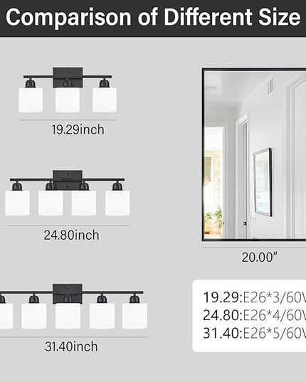 4-Light Black Bathroom Vanity Light, Light Fixtures with Milky White Frosted Glass Shades, Black Vanity Light for Bathroom Mirror, Bedroom, Living Room, Vanity Table, E26 Base