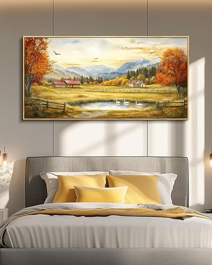 PHAOHUAXM Large Canvas Wall Decor For Living Room Wall Art For Farmhouse Office Mural For Bedroom Ink-Wash Landscape Paintings Print Artworks Pictures Dining Room Home Decor 30"X60" Wood Framed