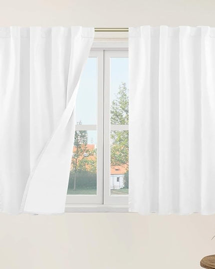 LAMIT 40 Inch Length Short White Linen Curtains for Cafe, 100% Blackout Linen Textured Thermal Curtains Back Tab and Rod Pocket Panels with White Liner for Kitchen/Small Window, 2 Panels, 34 x 40 Inch