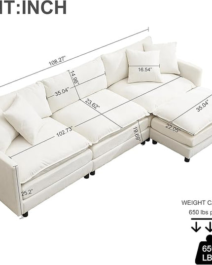 Modular Sectional Sofa,108.27'' Modern Corduroy Sofa Set for Living Room with 3 Seat & 1 Ottoman & 3 Pillows, Comfy Cloud Couches with Movable Ottoman, DIY Combination, Chenille (Beige, L Shaped)