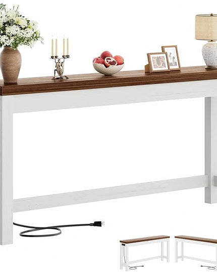 Cyclysio 63" Console Tables for Entryway, Long Console Tables for Living Room, Behind Couch Table, Sturdy Wood Support Farmhouse Entryway Table with 3AC+2USB Charging‌ Station, Rustic Oak
