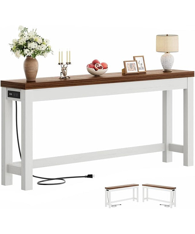 Cyclysio 63" Console Tables for Entryway, Long Console Tables for Living Room, Behind Couch Table, Sturdy Wood Support Farmhouse Entryway Table with 3AC+2USB Charging‌ Station, Rustic Oak