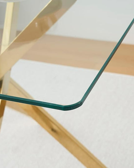 36" Square Glass Dining Table Modern Kitchen Glass Top Table for 4 with Gold Chrome Metal Legs, Clear Dining Table Kitchen Table for Home Office Dining Room