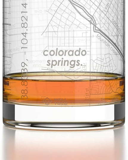 Well Told Engraved Colorado Springs Colorado Map Rocks Glass, Old Fashioned Glassware (11 oz, Clear) Etched Bourbon Tumbler, Gifts For Whiskey Lovers