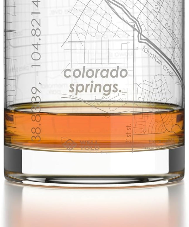 Well Told Engraved Colorado Springs Colorado Map Rocks Glass, Old Fashioned Glassware (11 oz, Clear) Etched Bourbon Tumbler, Gifts For Whiskey Lovers