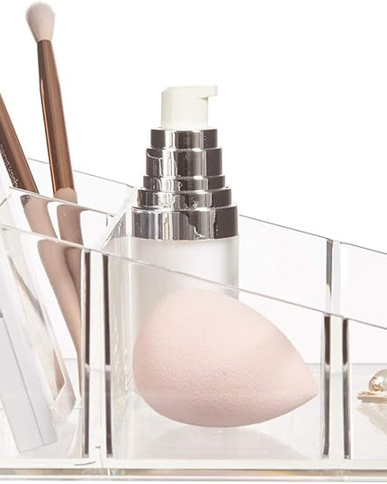 STORi Clear Plastic Small Countertop Vanity Makeup Organizer, Compact Rectangular 4-Compartment Holder for Brushes, Eyeshadow Palettes, & Beauty Supplies, Made in USA