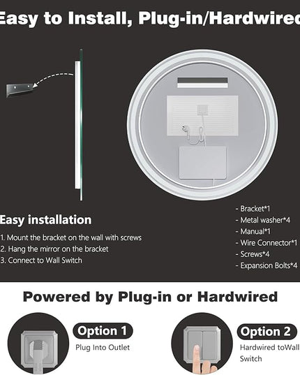 24 Inch Round LED Bathroom Mirror with Lights, Anti-Fog, Dimmable, Front & Backlit, Memory Function, 3 Color Temperatures