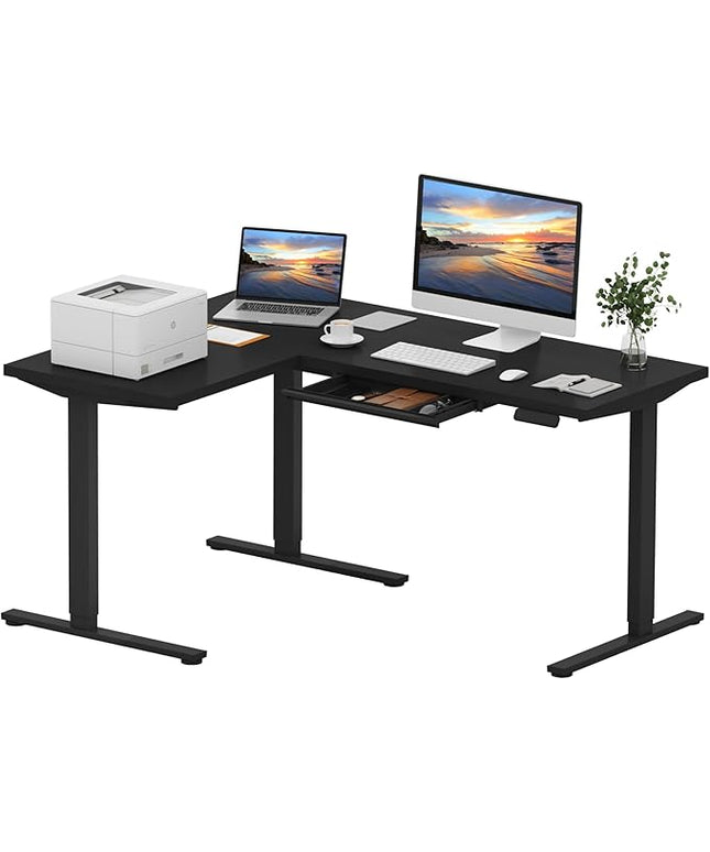 SANODESK L Shaped Electric Standing Desk with Drawer, 63 Inch Ergonomic Adjustable Height Desk with Storage, Corner Desk Sit Stand up Computer Table for Work Office Home, Black