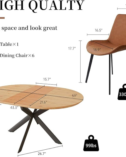 43.2"-59.1" Extendable Round Dining Table Set, Mid Century Wooden Round Kitchen Table, Oak Coffee Table for 4-6 Person,PU Leather Chair