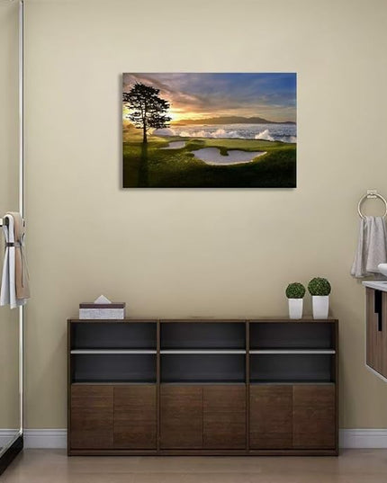 chenchenArt Pebble Beach Golf Course Wall Art Pictures Golf Course Poster Canvas Prints Golf Artwork Wall Decor for Living Room Bedroom Bathroom Home Decorations Framed Ready to Hang(24''H x 36''W)