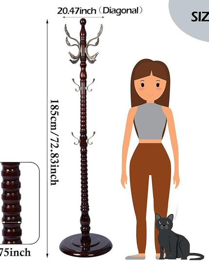 Coat Racks Free Standing with 14 Hooks, Natural Wood Coat Stands for Entryway, Adjustable Height 73 in Tree Coat Rack Stand for Hallway Home Office Bedroom (Mahogany metal)