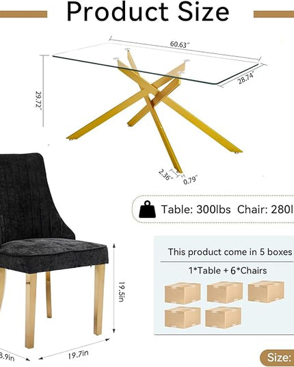 Rectangle Glass Dining Table Set for 6, 60'' Kitchen Table and Chairs Set, 7PCS Modern Dining Room Table Set with 6 Dining Chair for Home