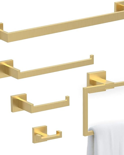 BOZWELL 5 Piece Light Brushed Gold Stainless Steel Towel Bar Set, 23.6 inch Square Bathroom Hardware Accessories Set,Wall Mounted Towel Racks for Bathroom with TP