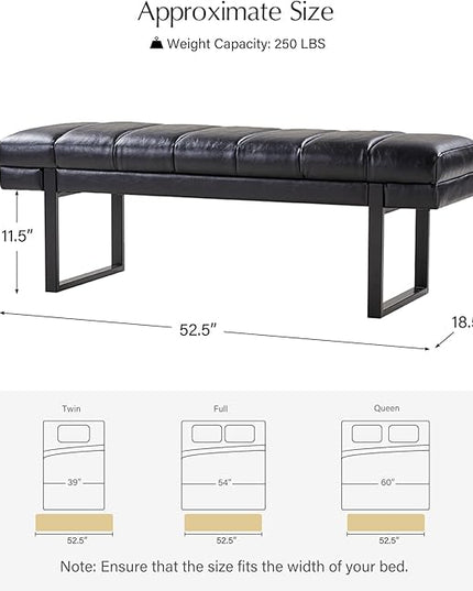 HULALA HOME 53" Faux Leather Entryway Bench, Button Tufted End of Bed Bench Ottoman for Bedroom, Living Room with Metal Base,Black