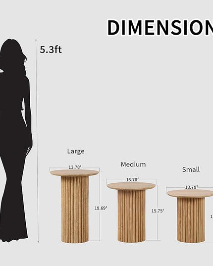 Round Nesting Coffee Table Set of 3,Mid Century Modern Fluted Coffee and End Table Set,Small Circle Wooden Side Table Drink Table for Living Room (Natural)