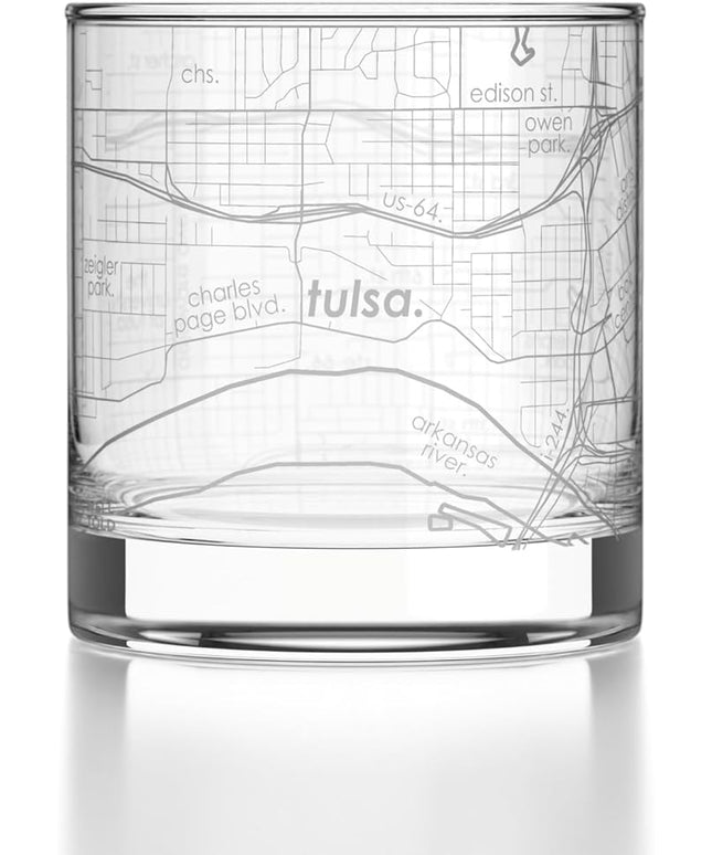 Well Told Engraved Tulsa Oklahoma Map Rocks Glass, Old Fashioned Glassware (11 oz, Clear) Etched Bourbon Tumbler, Gifts For Whiskey Lovers