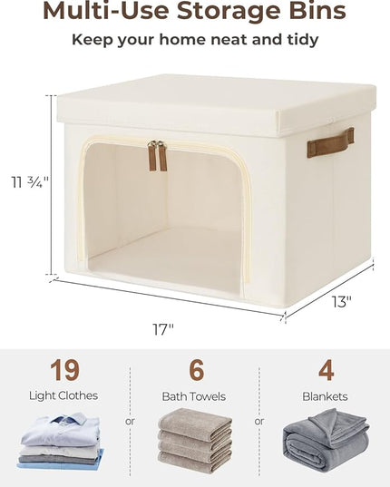 StorageWorks Storage Bins with Lids, Decorative Boxes with Clear Window for Clothes, Fabric Collapsible Baskets for Closet Organization, Large, Beige, 3 Packs