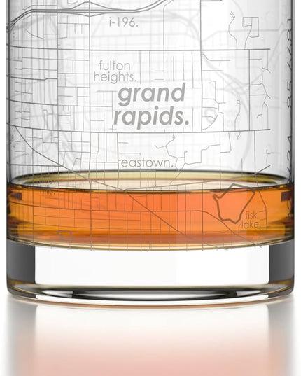 Well Told Engraved Grand Rapids Michigan Map Rocks Glass, Old Fashioned Glassware (11 oz, Clear) Etched Bourbon Tumbler, Gifts For Whiskey Lovers