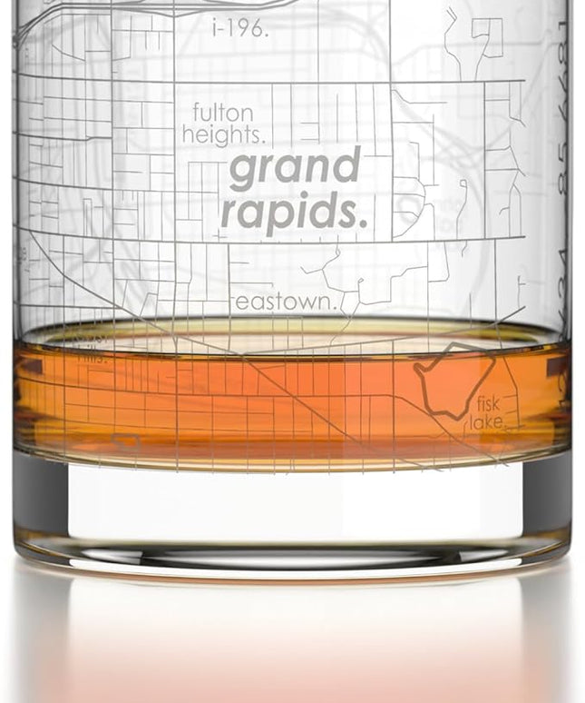 Well Told Engraved Grand Rapids Michigan Map Rocks Glass, Old Fashioned Glassware (11 oz, Clear) Etched Bourbon Tumbler, Gifts For Whiskey Lovers