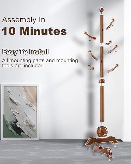 Wooden Coat Rack Freestanding, Coat Racks with 7 Hooks, Coat Tree Freestanding Heavy Duty with Stable Sphere Base, Load 210 lb, Coat Hanger Stand for Entryway, Hallway, Bedroom