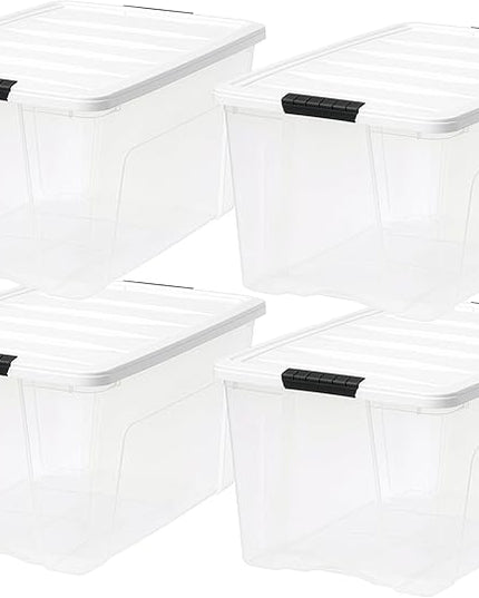 IRIS USA 72 Qt Stackable Plastic Storage Bins with Lids, 4 Pack - BPA-Free, Made in USA - See-Through Organizing Solution, Latches, Durable Nestable Containers, Secure Pull Handle - Clear/White
