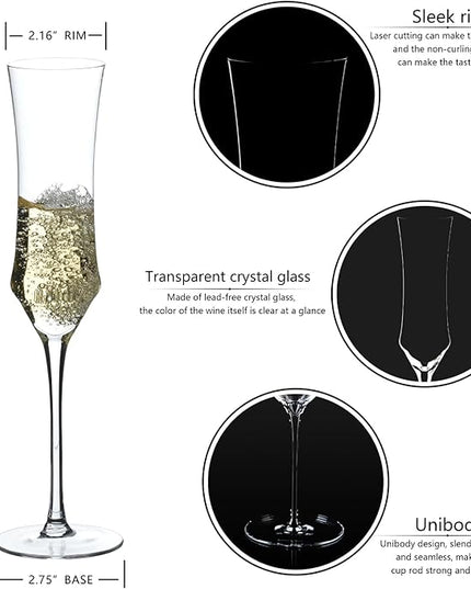 Champagne Flutes Set of 6 - Hand Blown Crystal Champagne Glasses With Long Stem - 7 oz Elegant Sparkling Wine Stemware - Unique Gift for Birthday,Wedding,Mother's Day,Housewarming