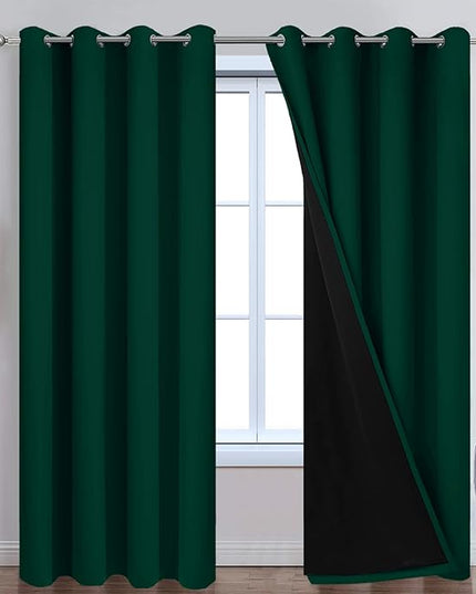 Yakamok 100% Blackout Curtain for Bedroom,Thermal Insulated Drapes with Black Liner Full Room Darkening Energy Efficiency Window Curtains for Living Room(52Wx90L,Dark Green, 2 Panels)