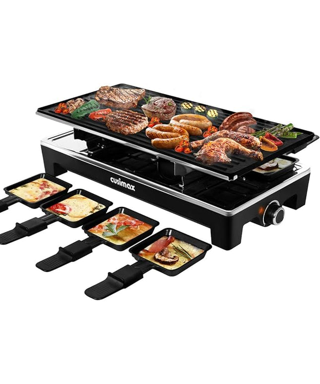 CUSIMAX Raclette Grill Electric Grill Table Portable 2 in 1 Korean BBQ Grill Indoor & Cheese Raclette, Reversible Non-stick plate, Crepe Maker with Adjustable temperature control and 8 Paddles