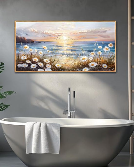 PHAOHUAXM Canvas Wall Art For Living Room Wall Decor For Bedroom Office Decorations Blue Ocean Landscape Painting Artwork Modern Beach Posters Aesthetic Ready To Hang Home Decor Wood Framed 20"x40"