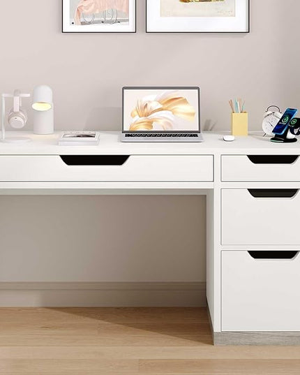 52 Inch White Desk with 4 Drawers, Computer Desk with Storage for Small Spaces with Storage File Cabinet, Small Home Office Desk with Drawers for Bedroom