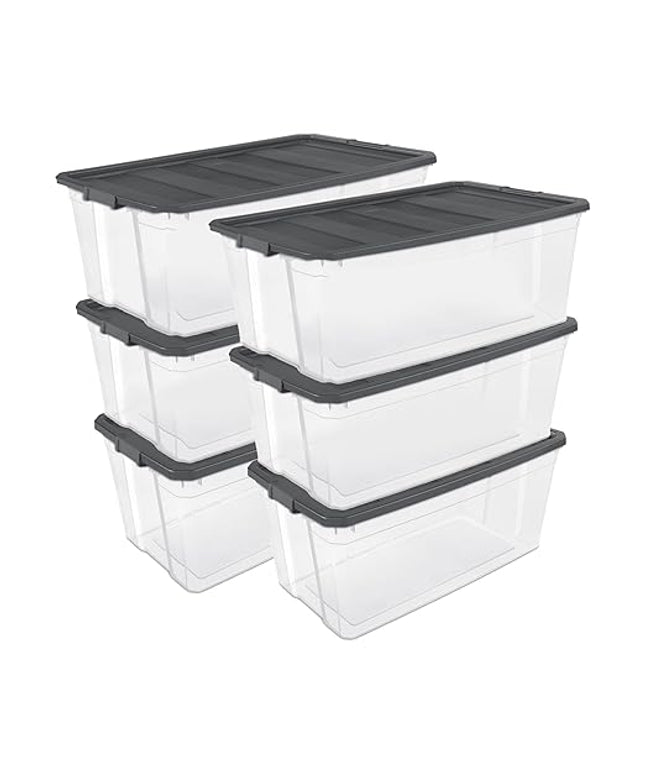 Sterilite 6-Pack Modular Stacker Box, Durable Clear Plastic Storage Bins with Latching Lids, 200 Quart - Stackable Organizing Container Boxes for Closet, Bathroom, and Office