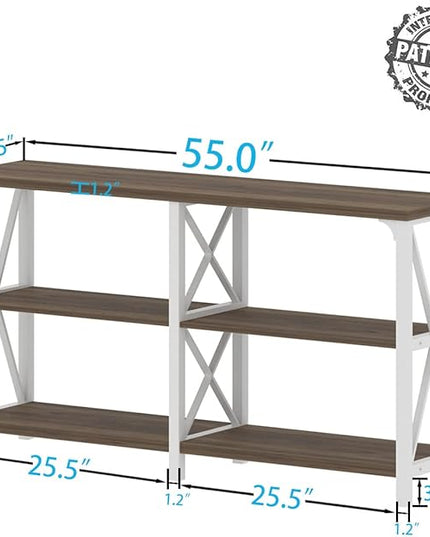 IBF Farmhouse Entryway Table, Wood TV Console Table, Long Rustic Metal Sofa Table, Industrial Hallway Table with Storage Shelves, Modern Foyer Tables for Front Entry Way, White and Rustic Oak, 55 in