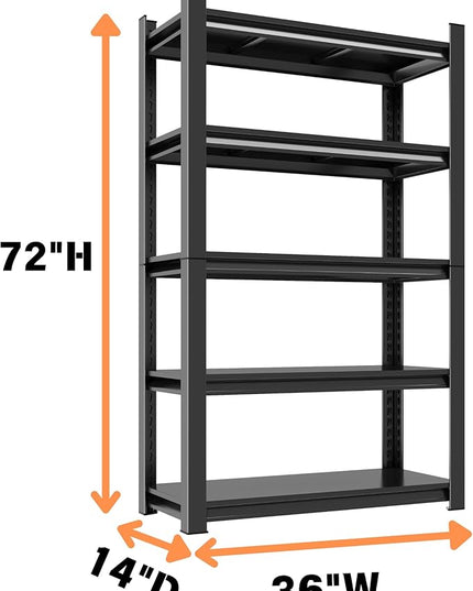 Garage Shelving, Heavy Duty 5-Tier Adjustable Storage Rack, Steel Shelving,3000 lbs Capacity, Industrial Shelves for Heavy Tools and Equipment (5-Tier 72" H x 36" W x 14" D)