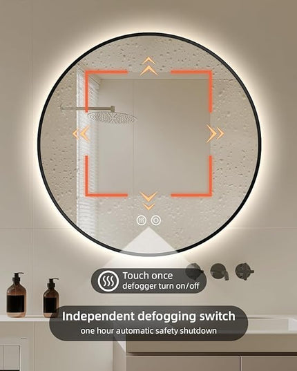 36" Black Framed Round LED Backlit Mirror for Bathroom, Smart Circle Mirror with 3 Colors, Dimmable Lighted Mirror with Anti-Fog, IP65 Waterproof, CRI 93+, UL-Listed