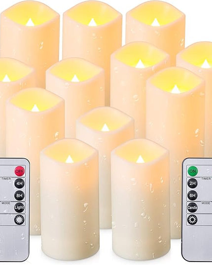 12 Pack Flameless Candles Battery Operated Waterproof Led Candles (D:2.2" X H:4" 5" 6" 7") Candles with 2 Remotes Contro for Wedding, Party, Birthday