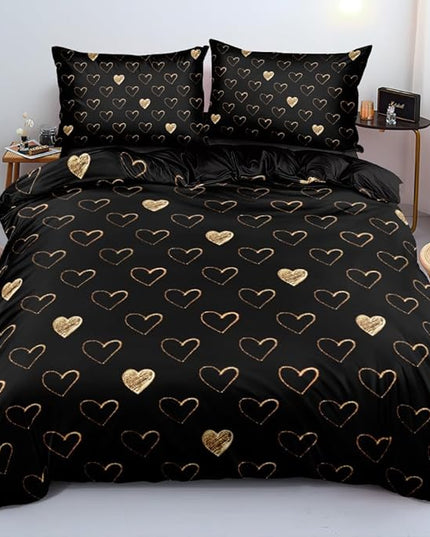 King Size Golden Hearts Duvet Cover with Pillowcases Gold Glitter Bed Set Black Bedding Comforter Cover for Gilrs Bedroom