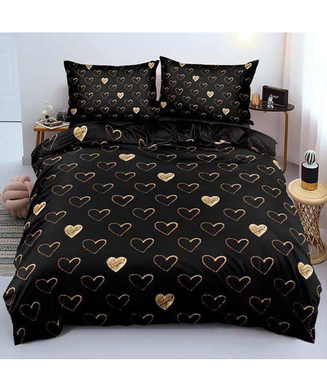 Twin Size Golden Hearts Duvet Cover with Pillowcases Gold Glitter Bed Set Black Bedding Comforter Cover for Gilrs Bedroom